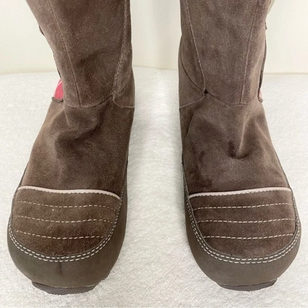 Sorel Boots Suka Suede Pink Plaid Fleece Lined Tall Snow Winter Brown Size 7